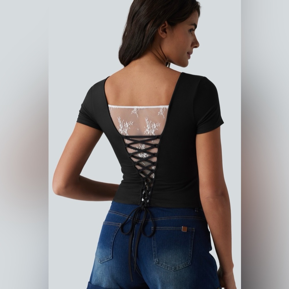 HALARA U-Neck Short Sleeve Built-In Bra Contrast Lace Tie-Back Casual Tee